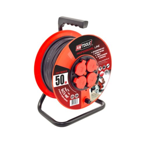 KÁBELDOBOS HOSSZABBÍTÓ, FEKETE (NARANCS), PROFESSIONAL, 50 M 3x2,5 MM, 16A / 3680W / IP44, AWTOOLS